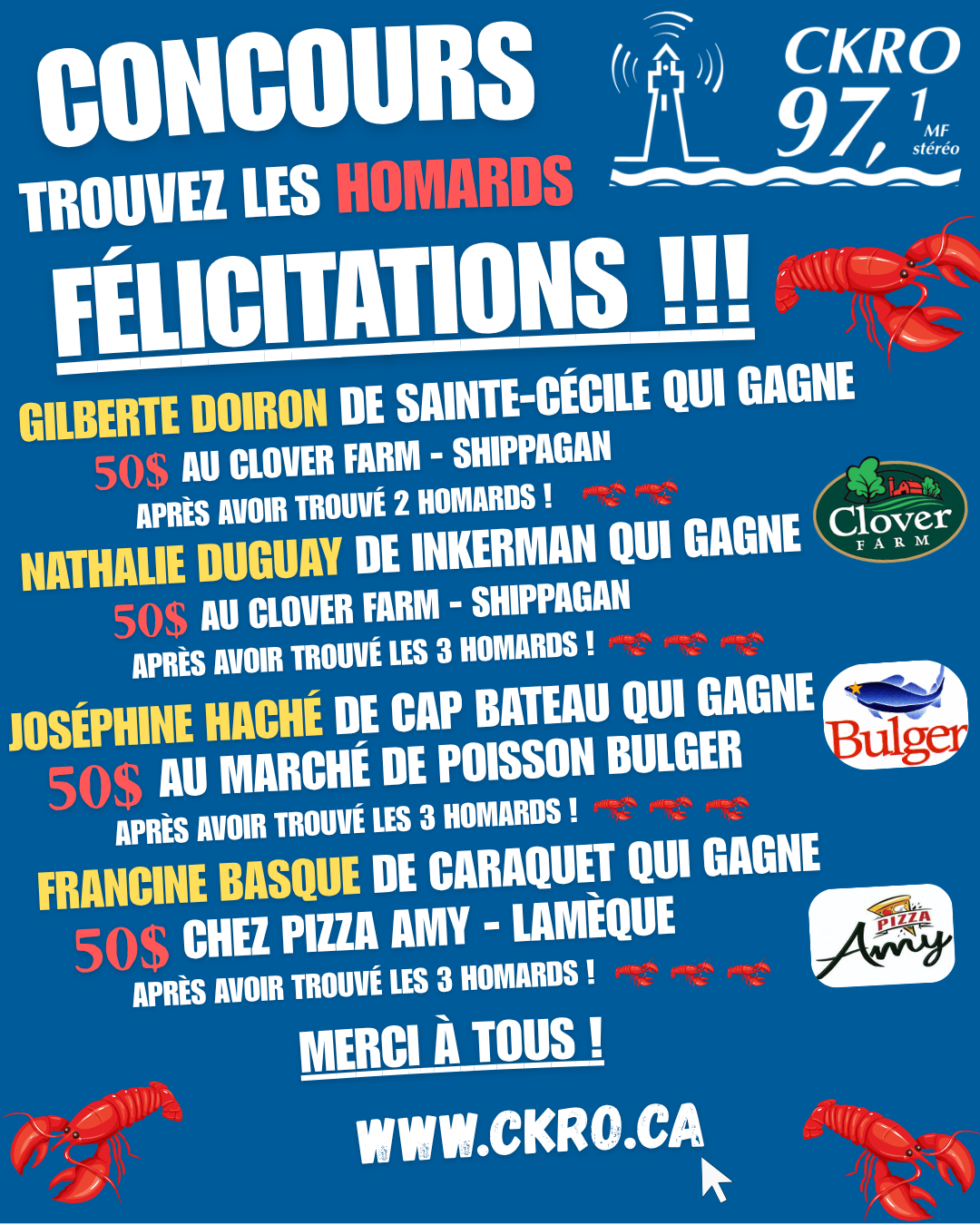 Les Gagnants concours Homards CKRO ! 🦞